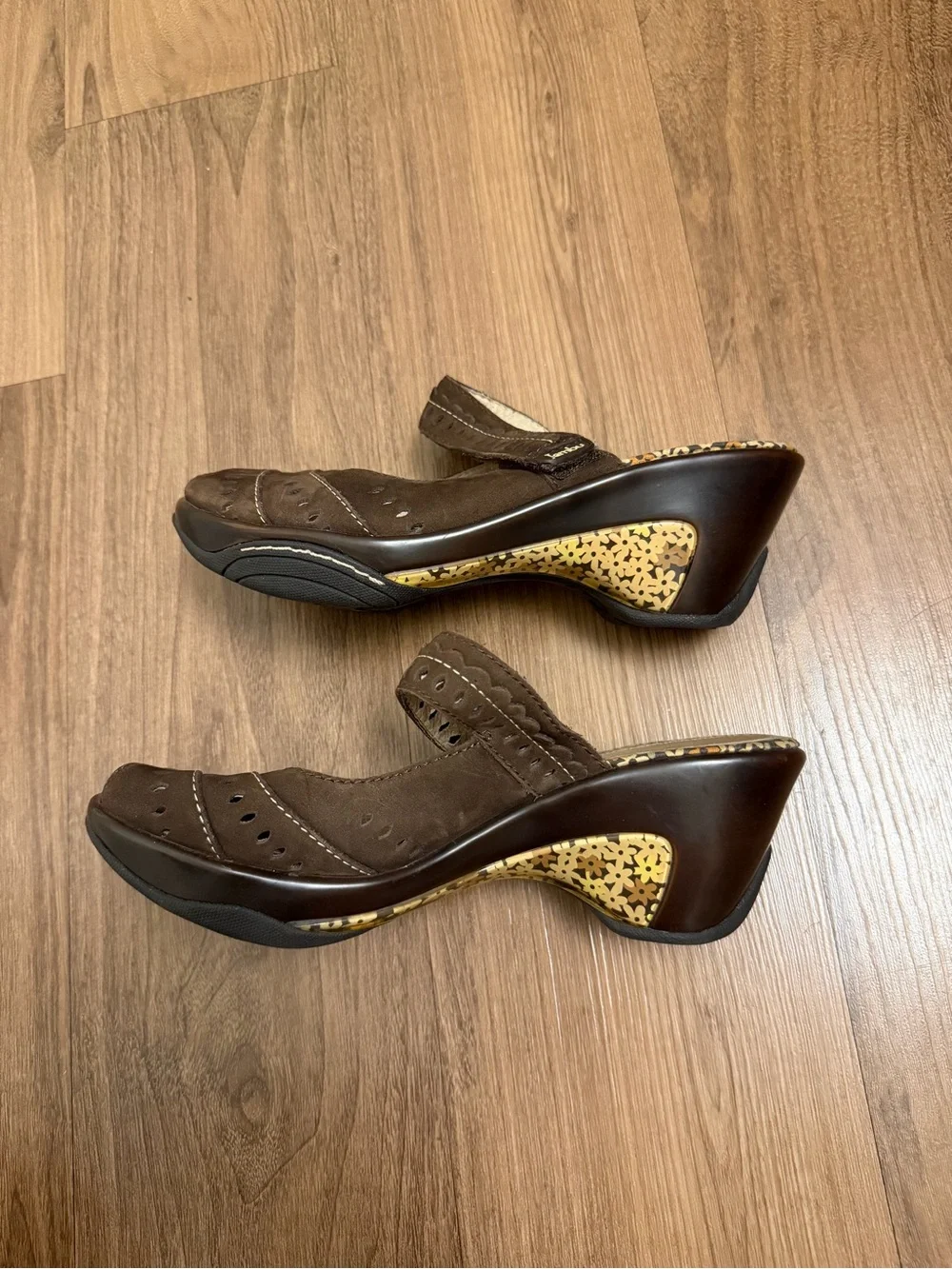 Jambu Brown Leather Peep Toe Sport Wedge Mary Janes with Cutout Detail